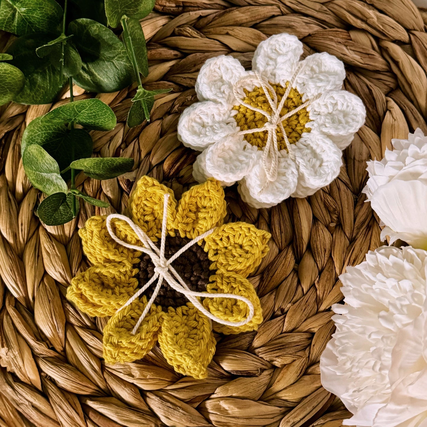 Cotton Daisy and Sunflower Crochet Coasters